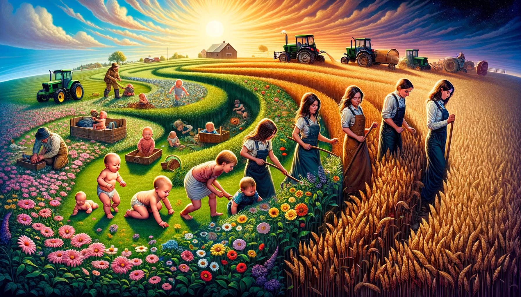 Agriculture Baby - A vivid and detailed wide illustration showing the progression of 'Agriculture Baby' from an infant to a toddler, to a juvenile, and finally to a youn (1)