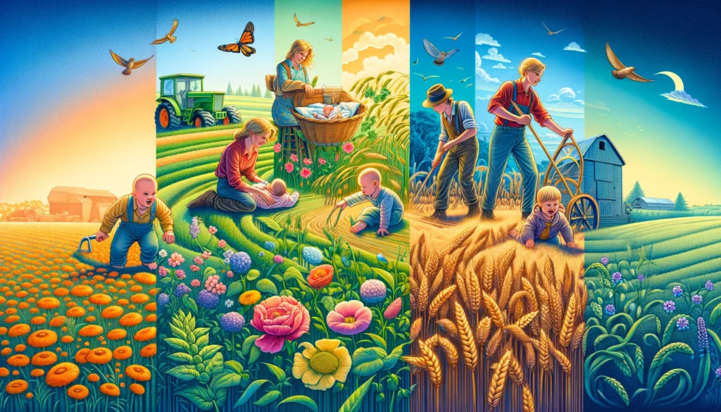 Agriculture Baby - A vivid and detailed wide illustration showing the progression of 'Agriculture Baby' from an infant to a toddler, to a juvenile, and finally to a youn (2)